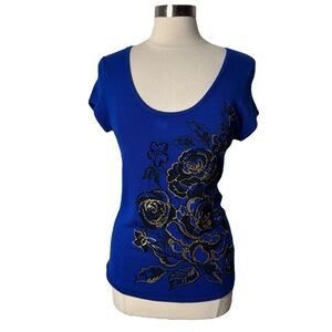 Vintage Y2K Cache Blue Floral Embellished Women's Knit Blouse‎ Size Medium